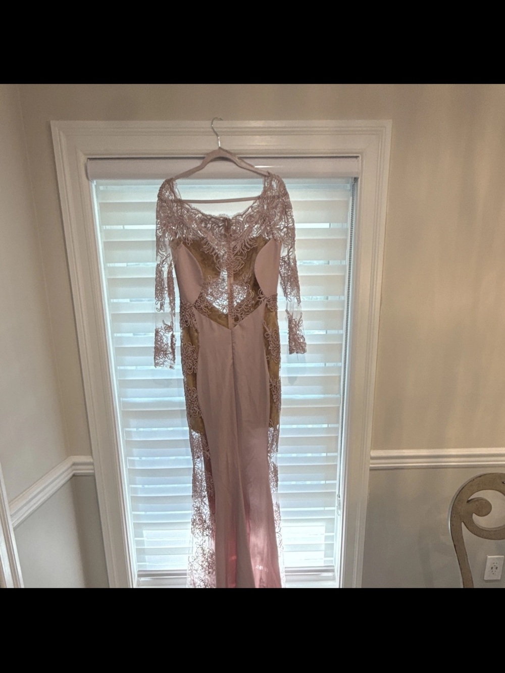 Women's Long Sleeve Lace Evening Gown in Blush Pink